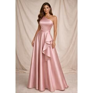 LanTing Bride Womens One Shoulder Satin Evening Gown Ruffle Detail Dress Pink